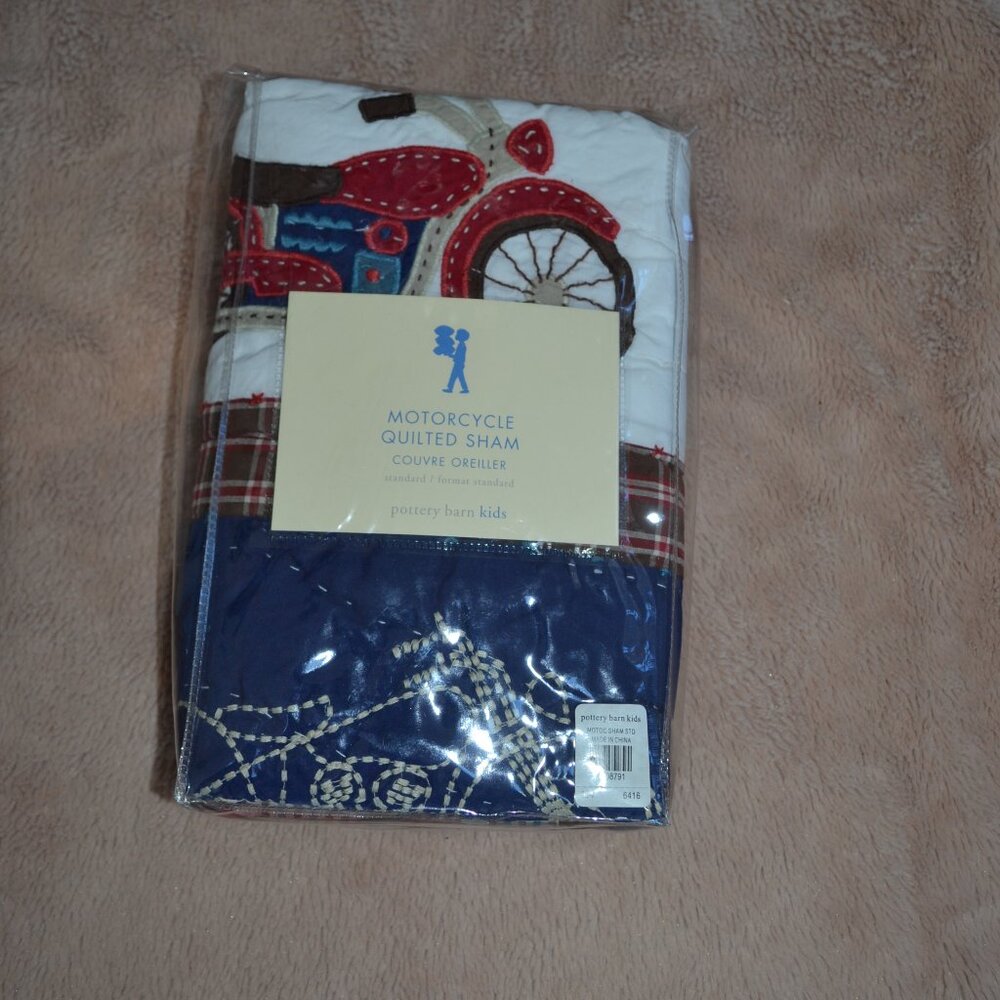 NEW Pottery Barn Kids Motorcycle Sham Blue Red Appliquéd